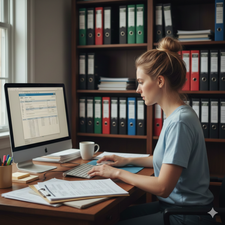 Kobieta siedząca przy biurku, myśli nad KSeF